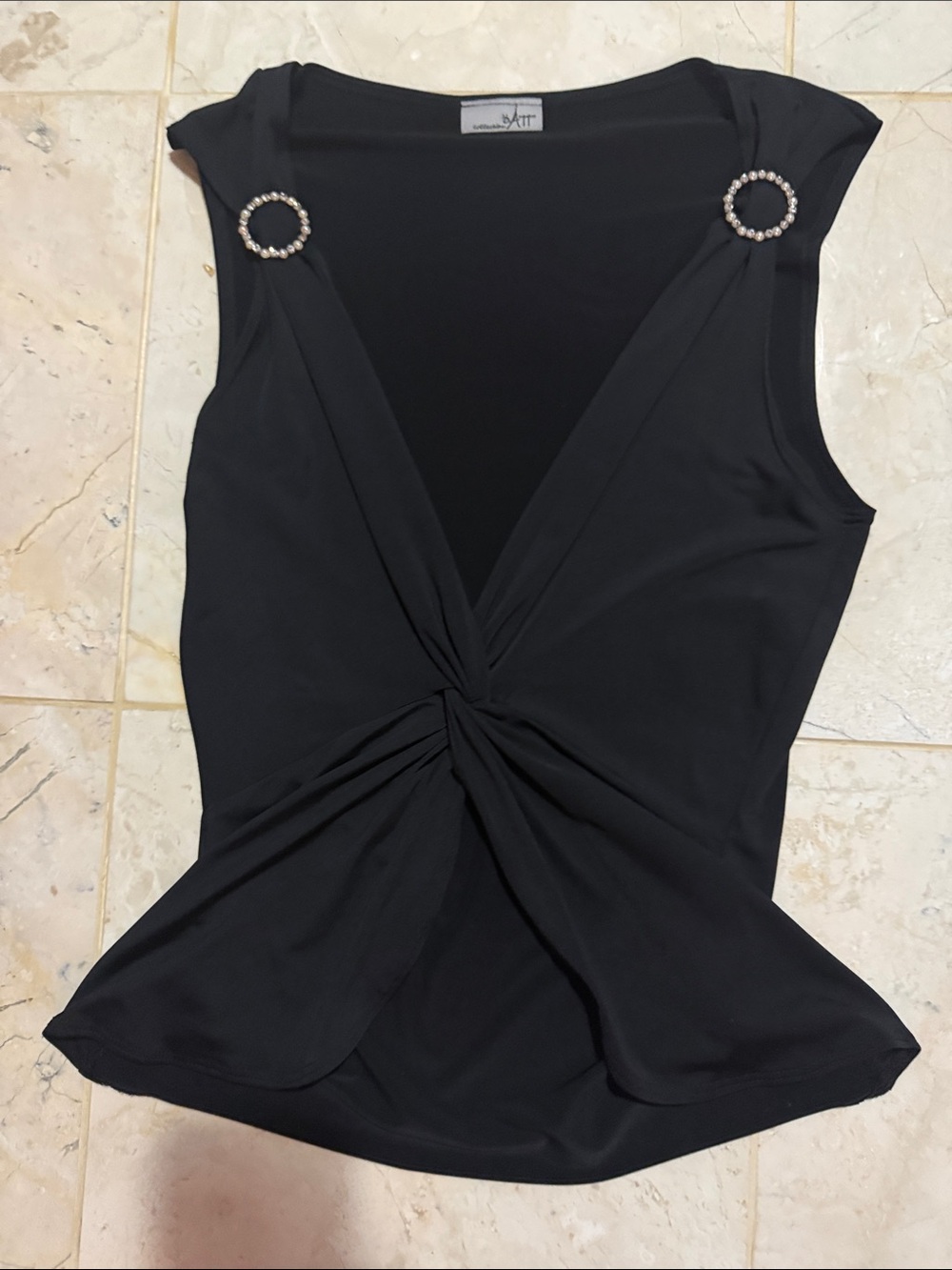 VintageAttitudes by Renee Black Sleeveless Twist-Front Top w pearl+Rhinestones